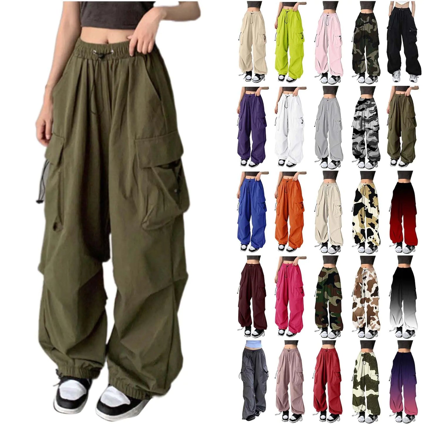 Cargo Pants Women Y2K Baggy Cargo Pants Parachute Pants Trendy Stretchy High Waist Wide Leg Trousers Parachute Pants for WomenBaggy Fit Cargo Pants with Pockets Light Green XX-Large
